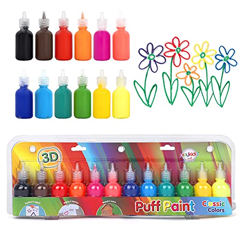 Playkidiz 3-D Art Puff Paint para niños, paquete de 12 colores de pintura exprimible, juego de pintura Puff no tóxica, pintura de tela lavable, colores clásicos, edades 3+