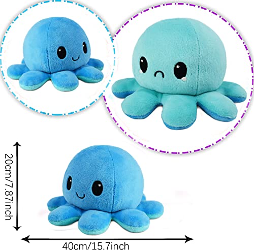 Pulpo Reversible Prime,40 cm XXL El Pulpos Reversibles Peluche Mide,Se Puede Voltear por Ambos Lados, 2 Colores y 2 Expresiones, Pulpo Peluche Reversible Super Suave y Lindo (Azul)