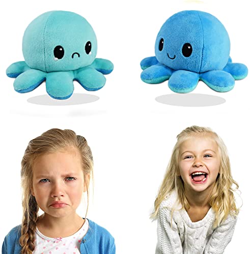 Pulpo Reversible Prime,40 cm XXL El Pulpos Reversibles Peluche Mide,Se Puede Voltear por Ambos Lados, 2 Colores y 2 Expresiones, Pulpo Peluche Reversible Super Suave y Lindo (Azul)