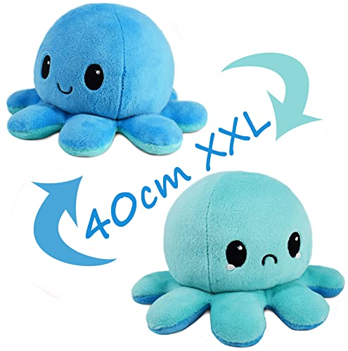 Pulpo Reversible Prime,40 cm XXL El Pulpos Reversibles Peluche Mide,Se Puede Voltear por Ambos Lados, 2 Colores y 2 Expresiones, Pulpo Peluche Reversible Super Suave y Lindo (Azul)