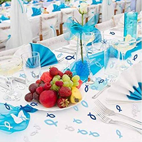 Qiwenr 150 Pcs Peces de Madera Decoraciónes,3.5CM Peces y Mesas Peces de Madera para Bautizo DIY Manualidades Decorativa de Madera Confeti (Azul, Azul Ligero, Blanco)