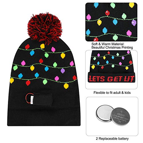 QKURT Gorro Unisex con luz LED, Colorido Gorro de Navidad de Navidad para Fiestas navideñas Fiestas de celebración del Festival Sombrero de Nieve de Invierno para Interiores y Exteriores