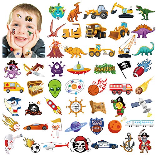 Qpout Tatuajes temporales para niños (100 piezas), espacio exterior del sistema solar/pirata/camión de carro/tatuajes de tiburones dinosaurio para niños niñas decoración/regalo de fiesta de cumpleaños