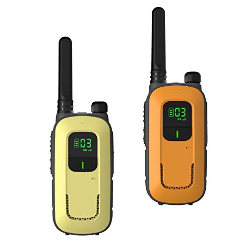 Radioddity Walkie talkies PR-T3 sin Licencia, Recargables, para niños de Entre 3 y 12 años y familias, Tienen 16 Canales, VOX, Linterna, Pantalla LCD iluminada, Carga por USB (Naranja / Amarilla)