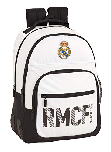 Real Madrid C.F. Mochila Doble con cantoneras Adaptable a Carro, Blanca/Negra