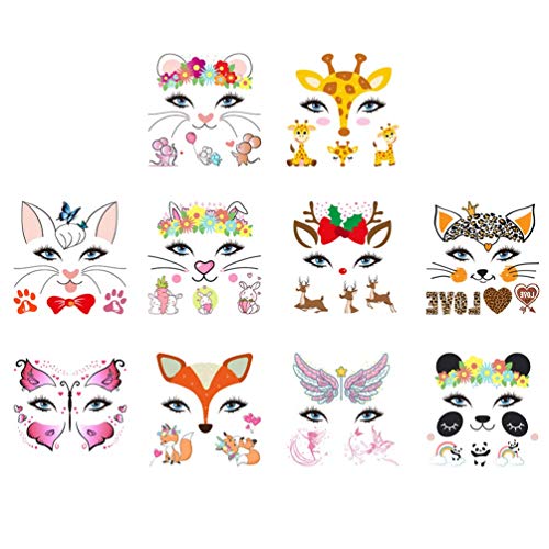 Resistente al agua Los tatuajes de cara de Halloween for los niños, animales 10Pcs cara Tatuajes Kit for niños Niños Niñas Panda ciervos floral Festival de Body Paint Pegatinas for chicas muchachos de