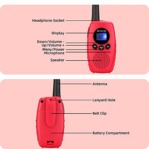 Retevis RT628B Walkie Talkie,Regalos de Festivales de 3 a 5 Años, Juguetes Largo Alcance,Bloqueo de Teclas 3 Canales Juegos Familiares, Interacción Entre Padres e Hijos (Rojo, 2 Piezas)