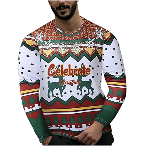 routinfly Hombres Camisa de Navidad de manga larga Sudaderas con capucha Pullover Gráfico 3D Navidad Elk Santa Claus Print Sudaderas Suéter Blusa Divertido Tops