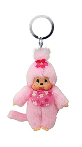 Sekiguchi 242467-Original Monchhichi niña Flor de Cerezo, de Felpa, Babero y Trenza con Flores, Llavero, Aprox. 10 cm, Color Rosa (242467)