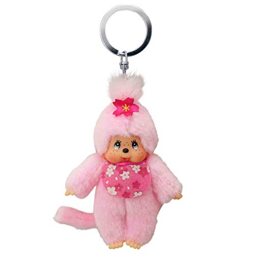 Sekiguchi 242467-Original Monchhichi niña Flor de Cerezo, de Felpa, Babero y Trenza con Flores, Llavero, Aprox. 10 cm, Color Rosa (242467)