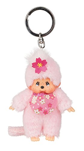 Sekiguchi 242467-Original Monchhichi niña Flor de Cerezo, de Felpa, Babero y Trenza con Flores, Llavero, Aprox. 10 cm, Color Rosa (242467)