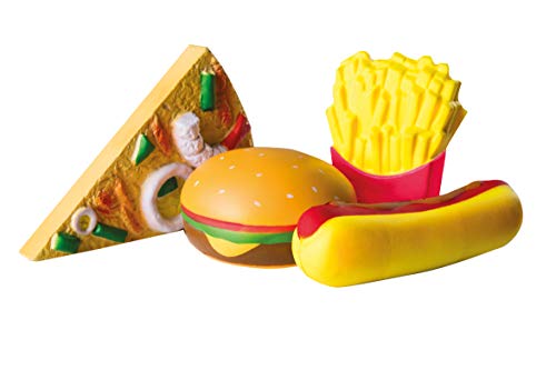 Set de 4 piezas "Squishies" de roba, articulo 98146, estrujacomida „Fast Food“, Pizza, Hot Dog, patatas fritas, hamburguesa, Juego antistress, complemento ideal para tiendas y cocinas roba, multicolor