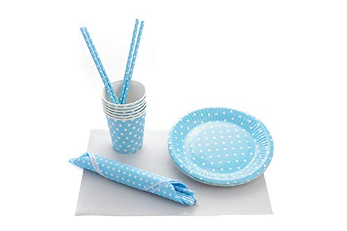 Set de Vajilla Desechable Para Fiestas de Cumpleaños, Babyshower, Party para 30 Personas. Incluye Guirnalda, servilletas, vasos, platos y pajitas. Liso con lunares. (Azul)