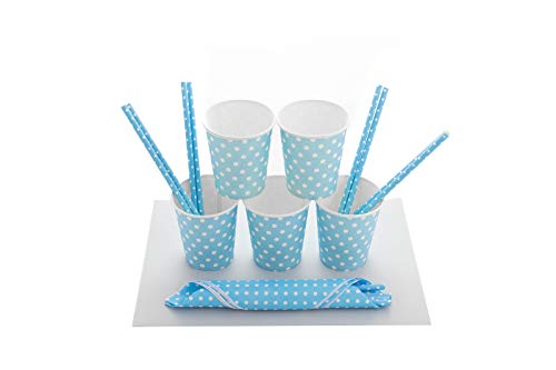 Set de Vajilla Desechable Para Fiestas de Cumpleaños, Babyshower, Party para 30 Personas. Incluye Guirnalda, servilletas, vasos, platos y pajitas. Liso con lunares. (Azul)