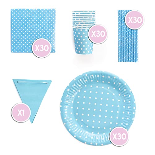 Set de Vajilla Desechable Para Fiestas de Cumpleaños, Babyshower, Party para 30 Personas. Incluye Guirnalda, servilletas, vasos, platos y pajitas. Liso con lunares. (Azul)