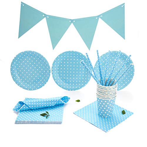 Set de Vajilla Desechable Para Fiestas de Cumpleaños, Babyshower, Party para 30 Personas. Incluye Guirnalda, servilletas, vasos, platos y pajitas. Liso con lunares. (Azul)