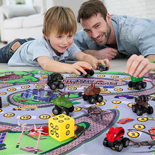 SHANNA Juguete Dinosaurio, Dinosaurio Coche Figuras Dinosaurios Juego Educativo Dinosaurios con tapete para Juego Dinosaurios para niños niñas, cumpleaños (Juego Coches Dinosaurios)