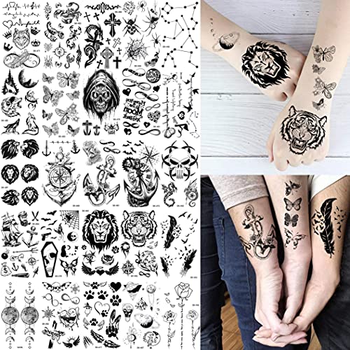 Shegazzi 52 Hojas Tatuajes Temporales Adultos Mujer Hombre Pequeño Ancla León Cruz Infinito Mariposa Tatuajes Falsos Niños Niñas Negro Realista Kit Tatuajes Adhesivos Temporales Mano Cuello Cara Dedo