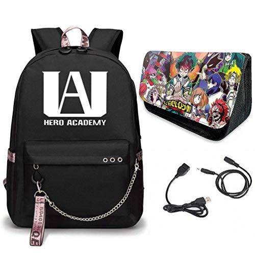 Slinlu Anime Escuela Mochila My Hero Academia Estuches Talega de Libros Colegio Ordenador portátil USB Mochila Casual Viajes Daypack para Adolescente Chicas y Mujeres,Black a,32×15×45cm