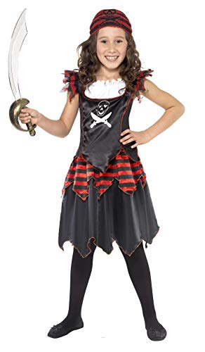 Smiffys-32341S Disfraz de Chica de Calavera de Pirata y Huesos Cruzados, con Vestido y pañoleta para la Cabeza, Color Negro, S-Edad 4-6 años (Smiffy'S 32341S)