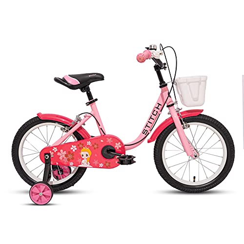 STITCH Paraguas colorido 16 pulgadas niños bicicleta para edades 4-7 niñas con rueda de entrenamiento y cesta, rosa