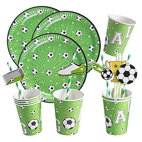 SUNBEAUTY juego de fiesta de fútbol, ​​vajilla de fiesta, decoración de cumpleaños de fútbol, ​​16 platos de papel, 16 vasos de papel, 20 pajitas, juego de cumpleaños para niño