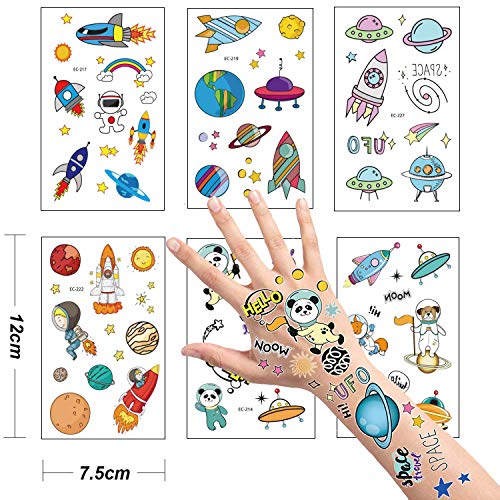 SZSMART Tatuajes Temporales para Niños Niñas, Dibujos Espacio Exterior Tatuaje Falso Pegatinas Cohete Platillo Volador Planeta Panda para Infantiles de Cumpleaños Regalo