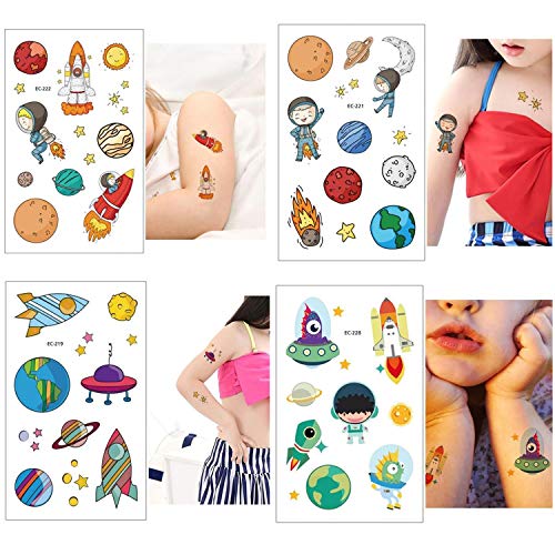 SZSMART Tatuajes Temporales para Niños Niñas, Dibujos Espacio Exterior Tatuaje Falso Pegatinas Cohete Platillo Volador Planeta Panda para Infantiles de Cumpleaños Regalo