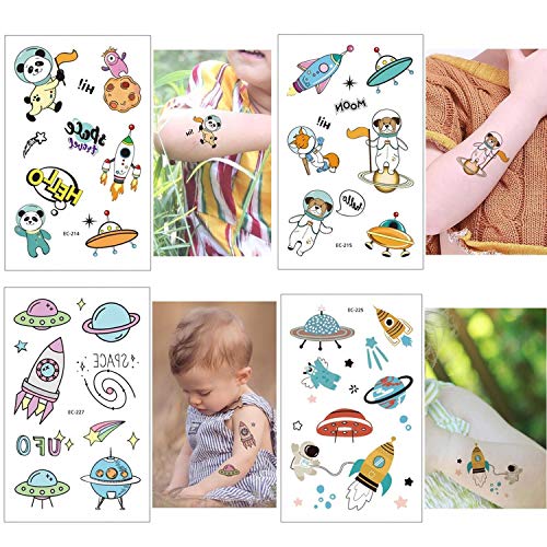 SZSMART Tatuajes Temporales para Niños Niñas, Dibujos Espacio Exterior Tatuaje Falso Pegatinas Cohete Platillo Volador Planeta Panda para Infantiles de Cumpleaños Regalo