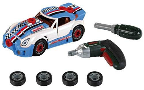 Theo Klein 8668 Set de tuneado Bosch, Coche desmontable con accesorios de tuneado, Con destornillador eléctrico Ixolino a pilas, Medidas: 20.5 cm x 9.5 cm x 6 cm, Juguete para niños a partir de 3 años