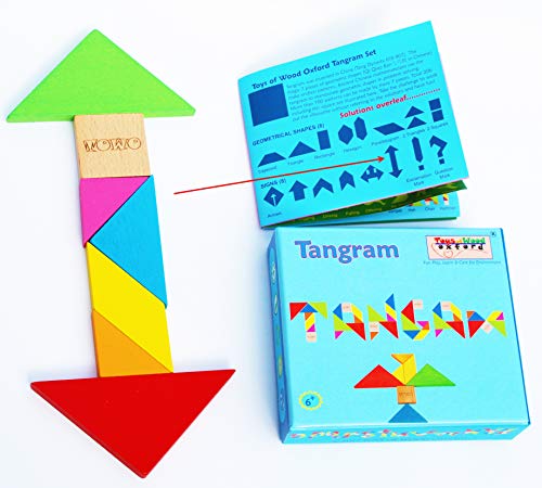 Toys of Wood Oxford TOWO Rompecabezas Tangram de Madera - Forma a los Bloques de patrón con 7 Grandes Formas geométricas de Colores - Juego de Habilidad Madera de Rompecabezas para niños y Adultos