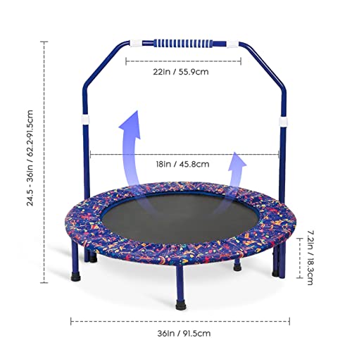 Trampolín para Niños Trampolín de 36 Pulgadas con Manija Ajustable y Cubierta Protectora, Trampolín Elástico Hinchable Plegable Seguro y Duradero para Interiores/Exteriores