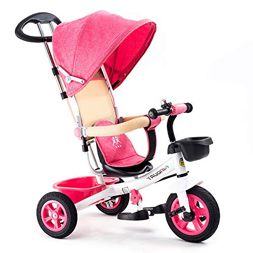 Triciclos Bebes 1 Año,4 en 1 Niños Triciclo De Rueda Bicicleta Capota extraíble y Plegable Incluye Barra telescópica los Padres Certificado Capacidad de Carga 30KG Bicicleta, Pink