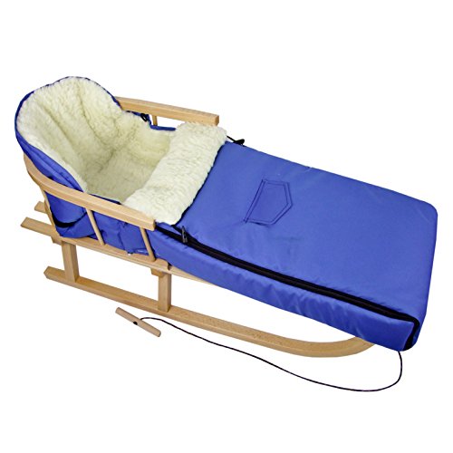 Trineo BambiniWelt de madera con respaldo y cuerda, incluye saco universal de invierno de lana (108 cm), adecuado para asiento de bebé, cochecito, silla de paseo y trineo, azul