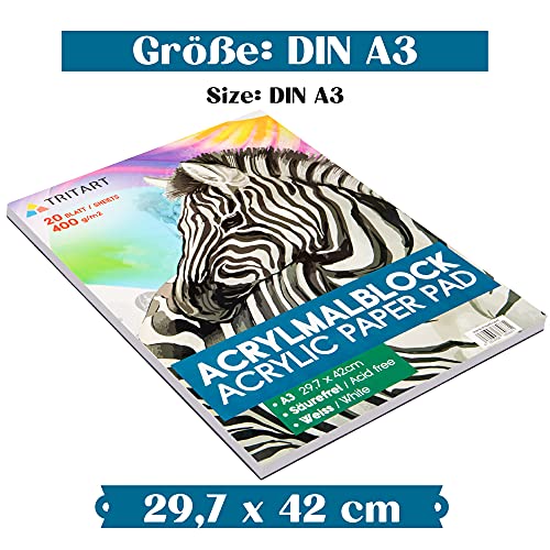 Tritart Papel acrílico A3, 400 g/m2, bloc de pintura para pinturas acrílicas, 20 hojas blancas, papel acrílico de alta calidad, s