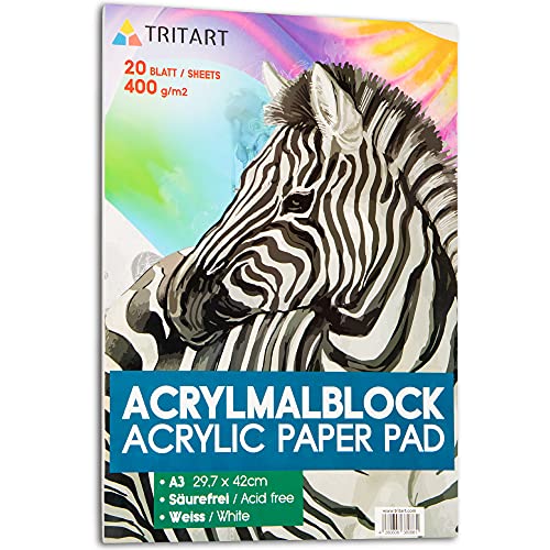 Tritart Papel acrílico A3, 400 g/m2, bloc de pintura para pinturas acrílicas, 20 hojas blancas, papel acrílico de alta calidad, s