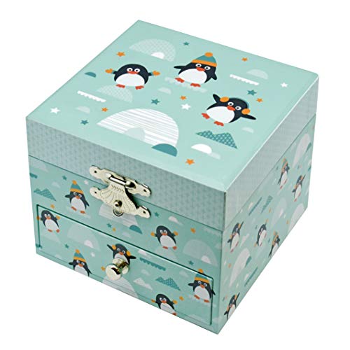 TrouSSELIER – Pingüino – Caja para tesoros y joyas musicales – Ideal regalo infantil – fosforescente – Brillante en la noche – Música pequeña de noche de Mozart – Color verde