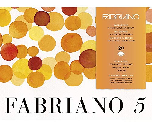 Unbekannt Fabriano Disegno 5-Cartulina para Acuarela (Grano Fino, 300 g/m², 31 x 41 cm, 20 Hojas, 4 Caras, sin Cloro ni ácidos), Color Blanco