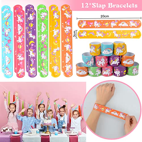 Unicornio Artículos de Fiesta Cumpleaños, 92 PCS Piñatas Cumpleaños Niña con Slap Bracelets Llavero Anillos Horquilla Accesorios de Fotomaton, Juguetes de Fiesta Cumpleaños Regalos para Infantil Niña