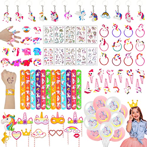 Unicornio Artículos de Fiesta Cumpleaños, 92 PCS Piñatas Cumpleaños Niña con Slap Bracelets Llavero Anillos Horquilla Accesorios de Fotomaton, Juguetes de Fiesta Cumpleaños Regalos para Infantil Niña