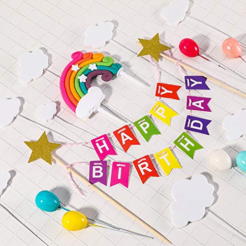 upain Decoración para Tartas Arco Iris, Decoración de Pasteles, Cupcake Toppers con Cloud Rainbow Star, Globos de Colores Tarjeta de Feliz Cumpleaños Kit, para Infantiles Niños Niñas Tartas Cumpleaños