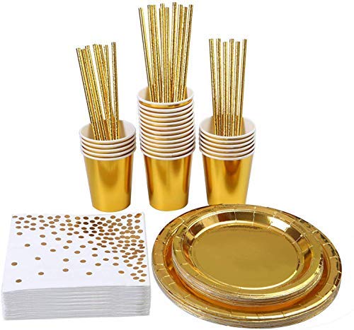 VAINECHAY 120pcs Vajilla Desechable Cumpleaños Adulto Platos Desechables Fiesta Infantil Vasos de Papel Servilletas Pajitas para Navidad Boda Baby Shower Aniversario Oro 24 invitados