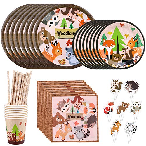 Vajilla Diseño de Animales Desechable para 8 personas–Accesorio de Decoración de Fiesta de Cumpleaños-Utensilios para Celebración–Platos, Vasos Papel, Servilletas, Pajillas y cake toppers