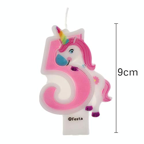 Velas de Cumpleaños Diseño Unicornio de 9cm, Adecuadas para fiesta de Cumpleaños para Niños Niñas Color Rosa blanca Numero 5