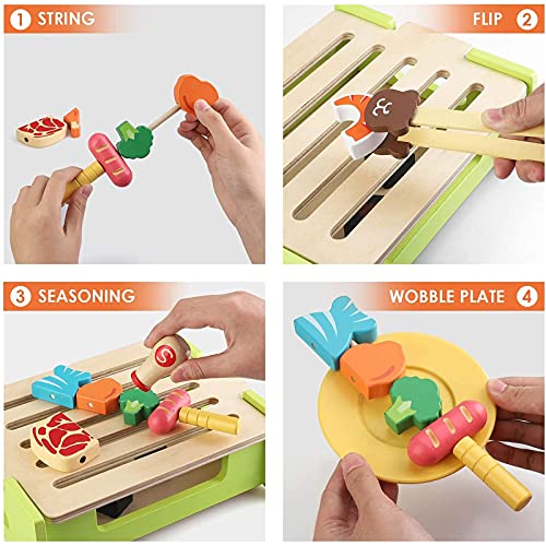 Veluoess Juguete Alimentos Cortar Frutas Verduras,Juguete de Barbacoa para Niños con Accesorios de Corte y Cocina,Juego de Comida de Madera,Juguete de Cocina Juguete de Imitación para Niños