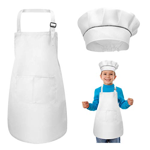 WEONE Niños Delantal y Gorro de Cocinero, Ajustable Delantal Infantil con 2 Bolsillos para Niños Niñas, Niñito Delantales de Cocina de Chef para Cocinar Hornear Pintar Artesanía (7-13 Años) (Blanco)