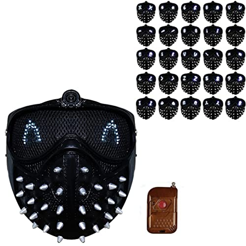 WFTD Máscara De Llave Inglesa Watch Dogs con Luz LED, 25 Cambios De Expresión, Control Doble, Máscara De Pirata Informático De PVC De La Muerte del Fantasma De Legion con Remache