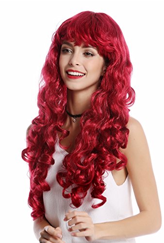 WIG ME UP- 0082-ZA13A Peluca Mujer Carnaval Halloween Larga rizada voluminosa Flequillo Color pelirrojo-Rojo Oscuro