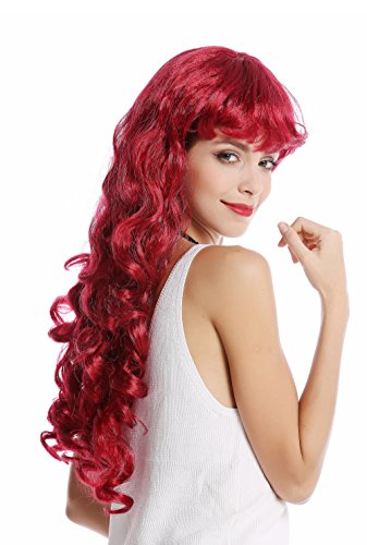 WIG ME UP- 0082-ZA13A Peluca Mujer Carnaval Halloween Larga rizada voluminosa Flequillo Color pelirrojo-Rojo Oscuro