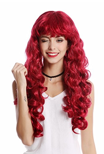 WIG ME UP- 0082-ZA13A Peluca Mujer Carnaval Halloween Larga rizada voluminosa Flequillo Color pelirrojo-Rojo Oscuro